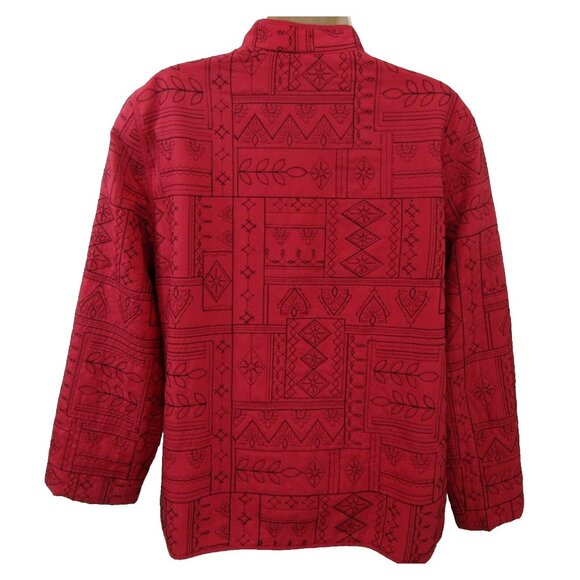 Alfred Dunner Jacket Sz 10 Open Front Embroidered Patchwork Red wBlack Stitching - Picture 2 of 6